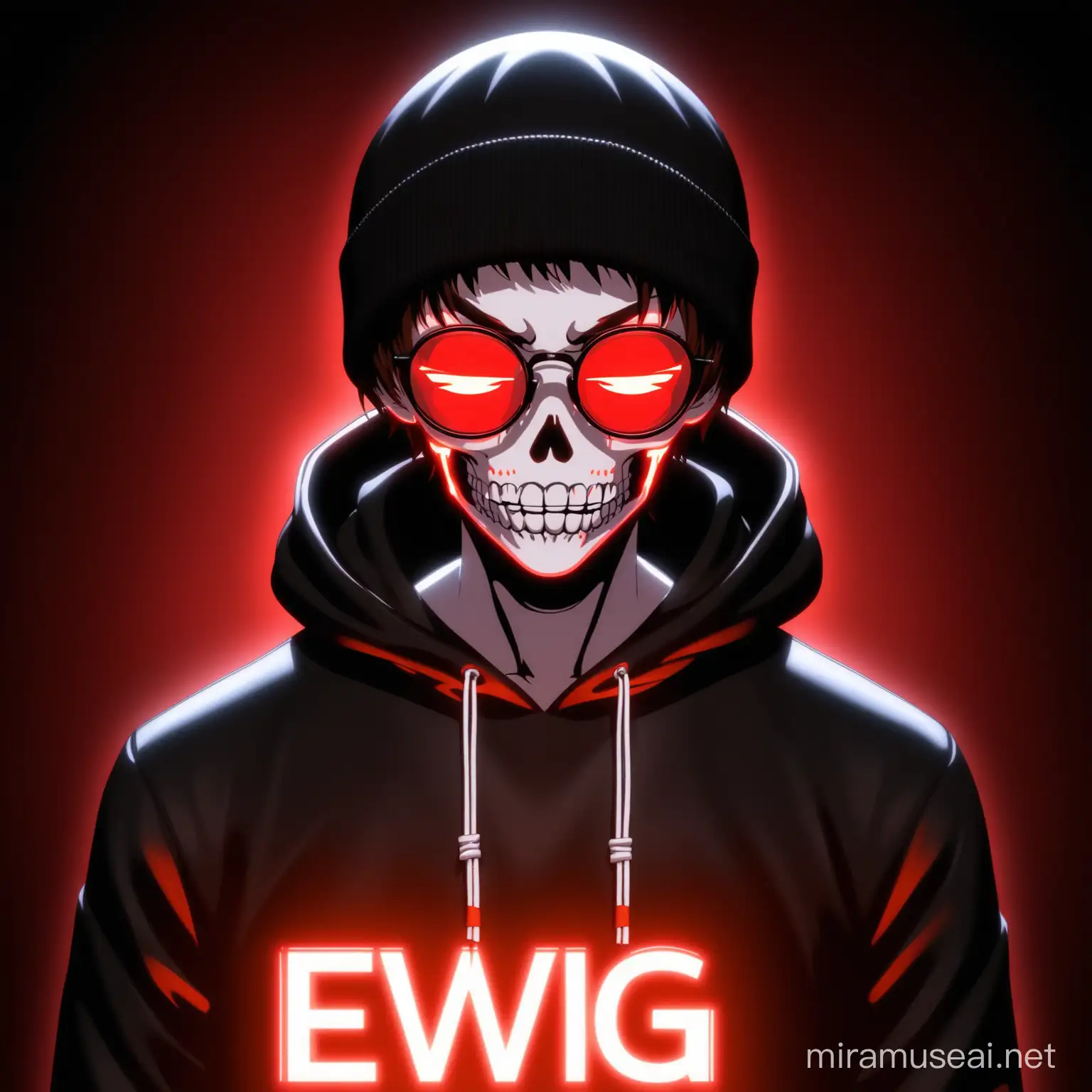anime brown boy, skeleton face paint makeup, short black hair, red glowing eyes, black reading glasses, wearing black beanie hat, wearing white shirt, wearing black leather hoodie, black anime EWG text red glowing background, 3D anime style.