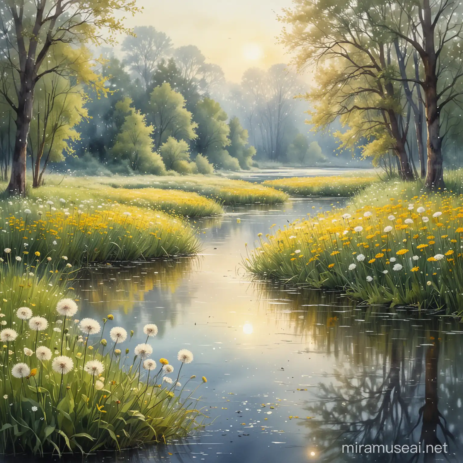 Fluffy Dandelion Field by a River with Magical Light Reflections