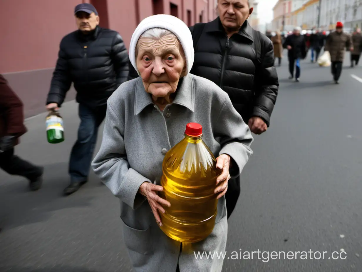 Elderly-Woman-Strolling-Through-Moscow-with-Large-Sunflower-Oil-Jar