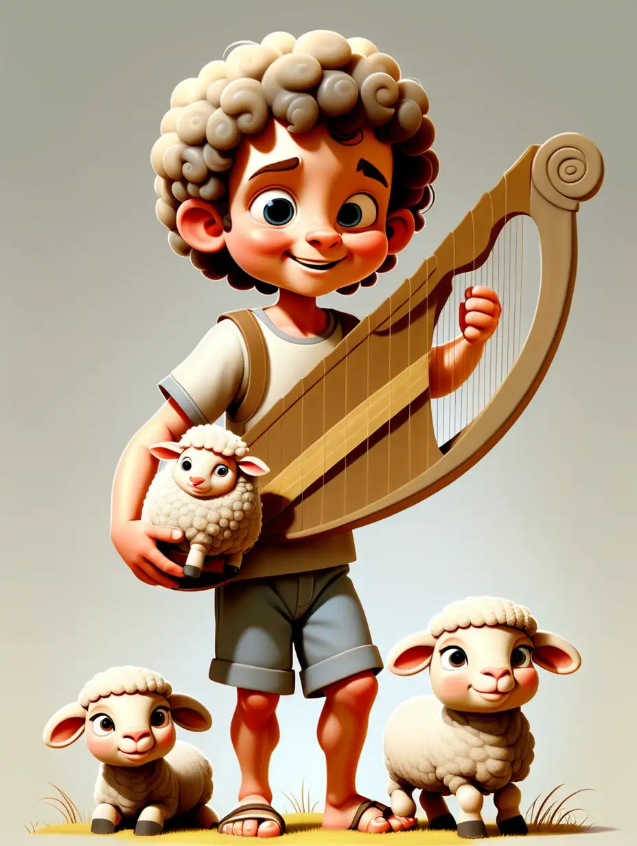  biblical character David kid, cute, happy, full body, sandals on the feet, no cuts, holding a little harp in the right hand. A little sheep behind him. No background.