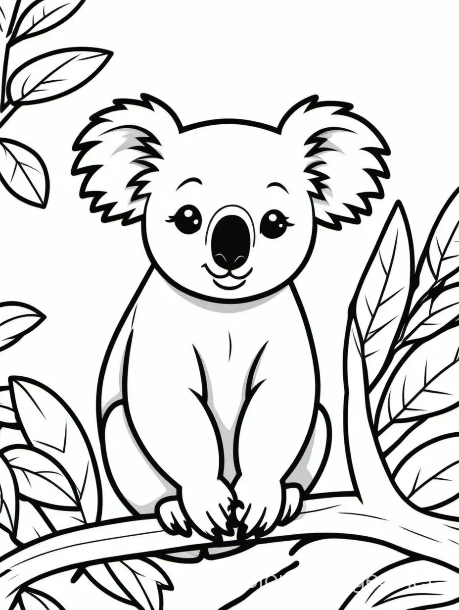 Cute koala in a zoo, Coloring Page, black and white, line art, white background, Simplicity, Ample White Space. The background of the coloring page is plain white to make it easy for young children to color within the lines. The outlines of all the subjects are easy to distinguish, making it simple for kids to color without too much difficulty