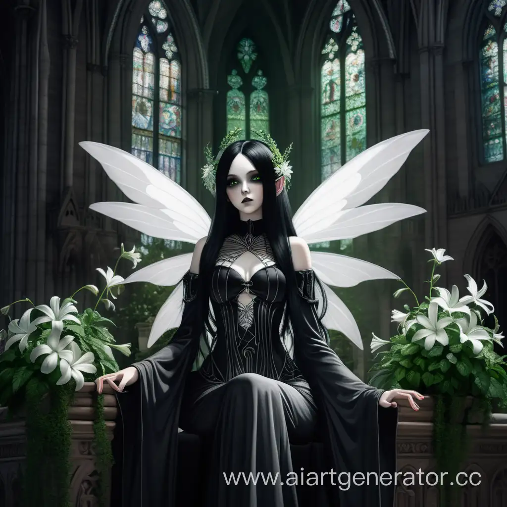 A shadow fairy from a gloomy forest with white fairy wings, with white skin, in a Gothic church, with long black hair and green eyes with make-up, with white flowers, in black sexy clothes, with green plants