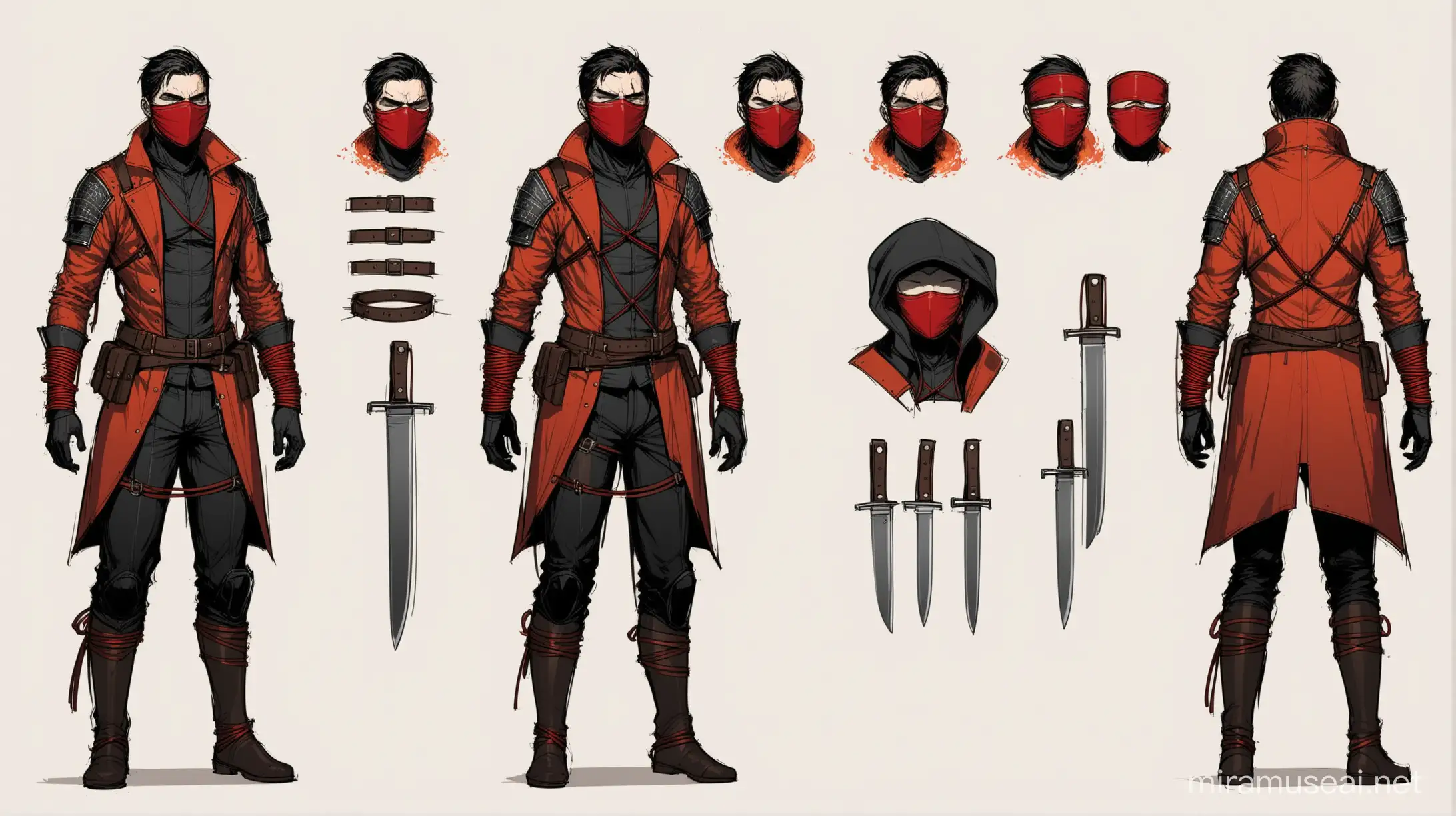 concept art of the character, short jacket with straps on the arms, bdsm costume, straps on the arms, leather mask on the face, concept art, full-length character, red steam around the body, sheath for knives on the leg, elements of Bondage.