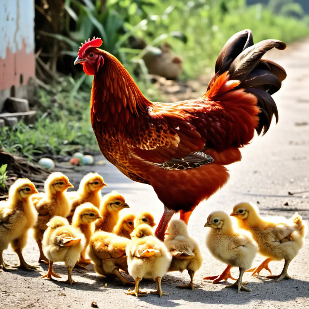  Red mother hen with golden feet and with ten baby chickens in rural Jamaica 