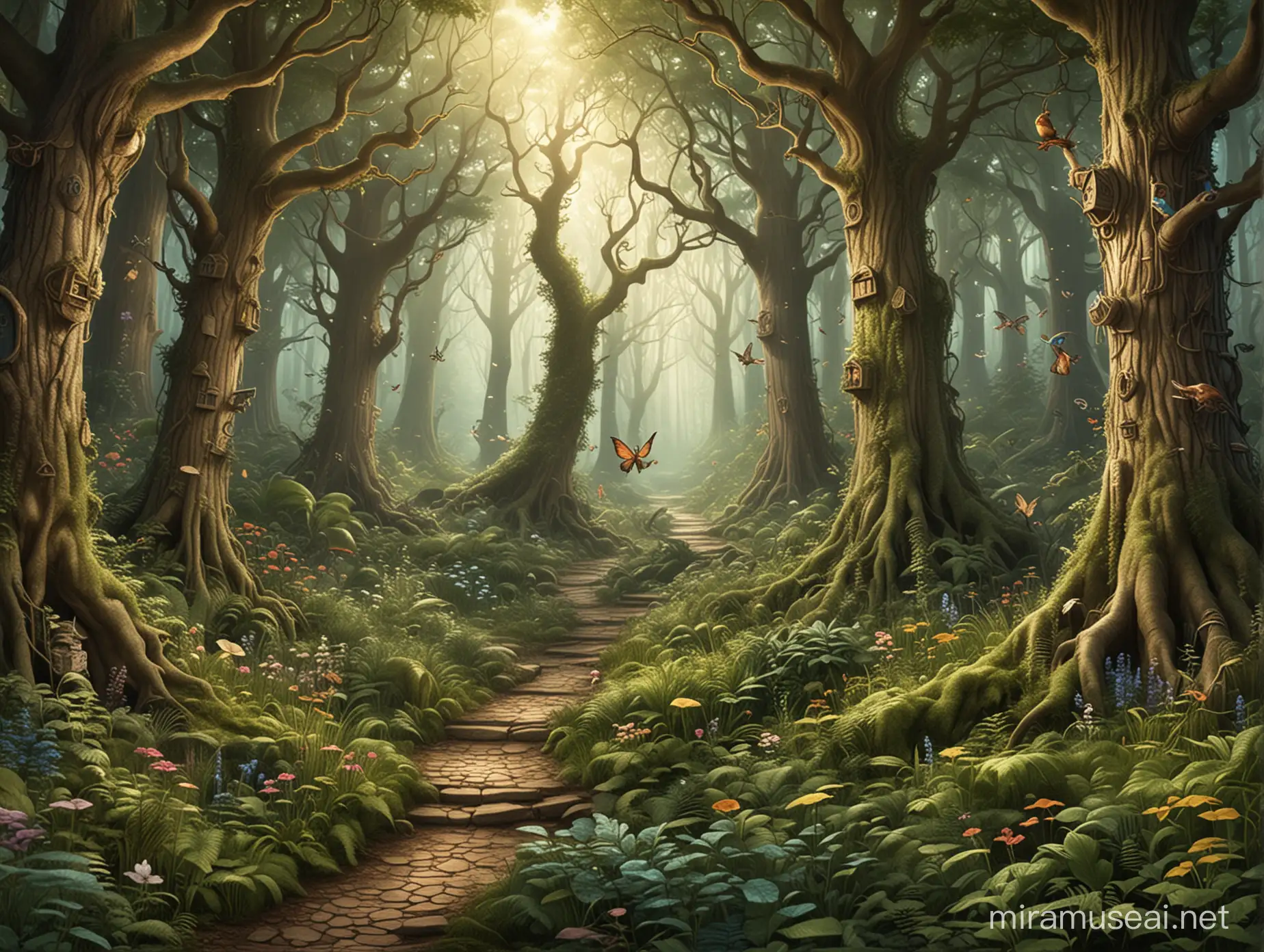 Enchanted Forest with Magical Creatures and Mysterious Hidden Paths