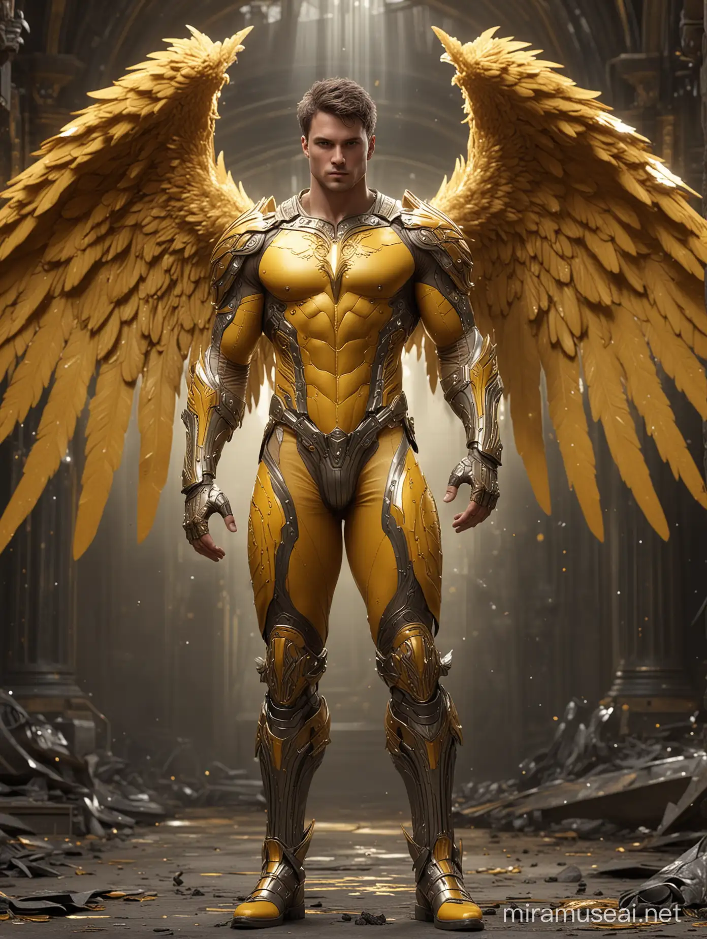 Handsome Masculine Fractal Archangel in Yellow Bodysuit with Massive Sparkling Wings