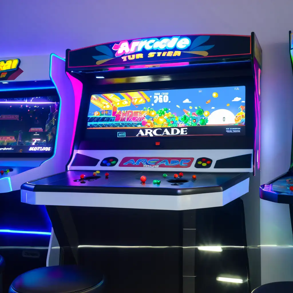 Vibrant Arcade Scene with Retro Games and Neon Lights
