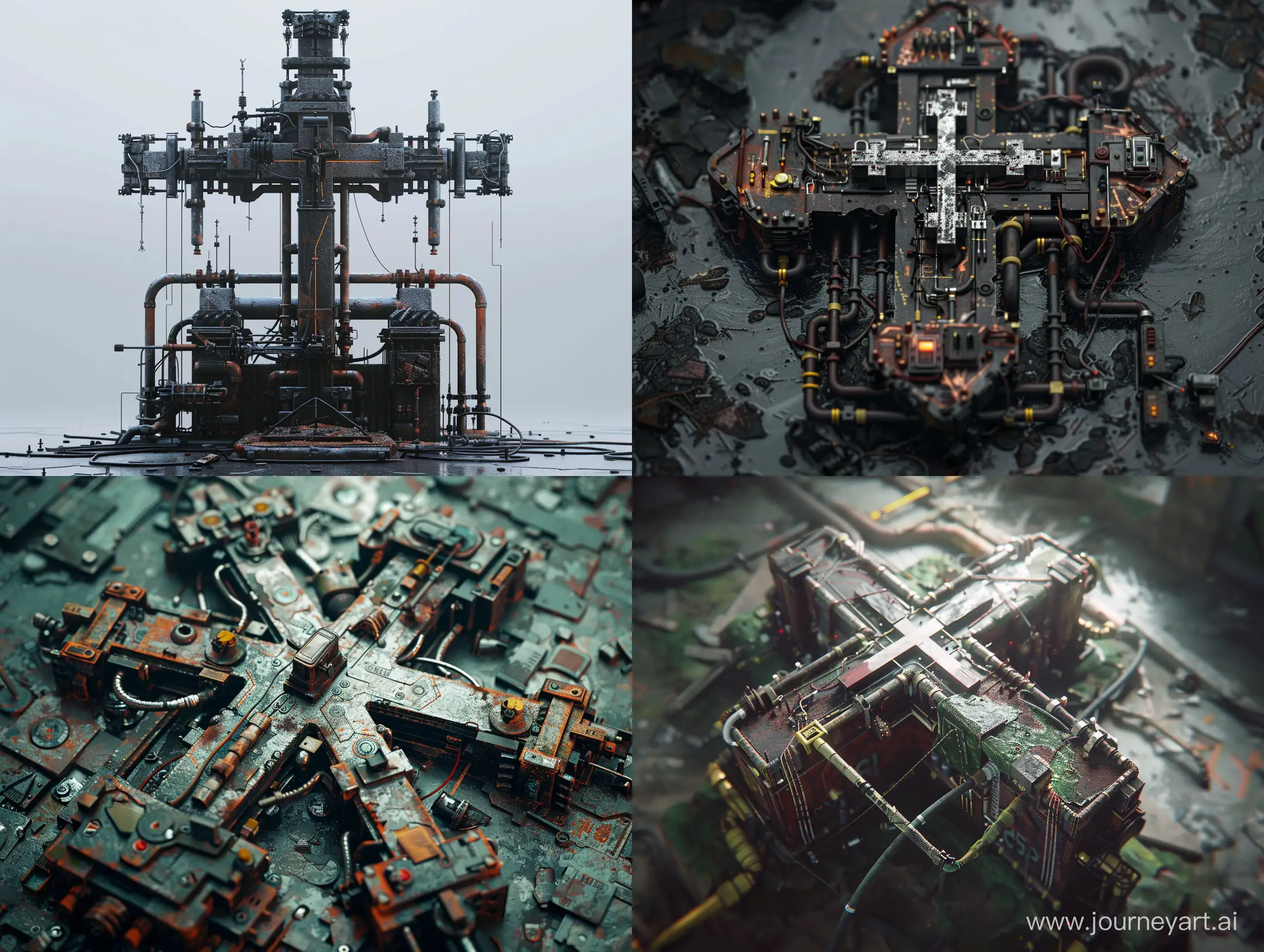 cyberpunk church cross. made of metal parts, iron pipes and wires. Noir. A map of sprites. minimalism. post-apocalypse, brutalism. 8k. photorealism, unreal engine