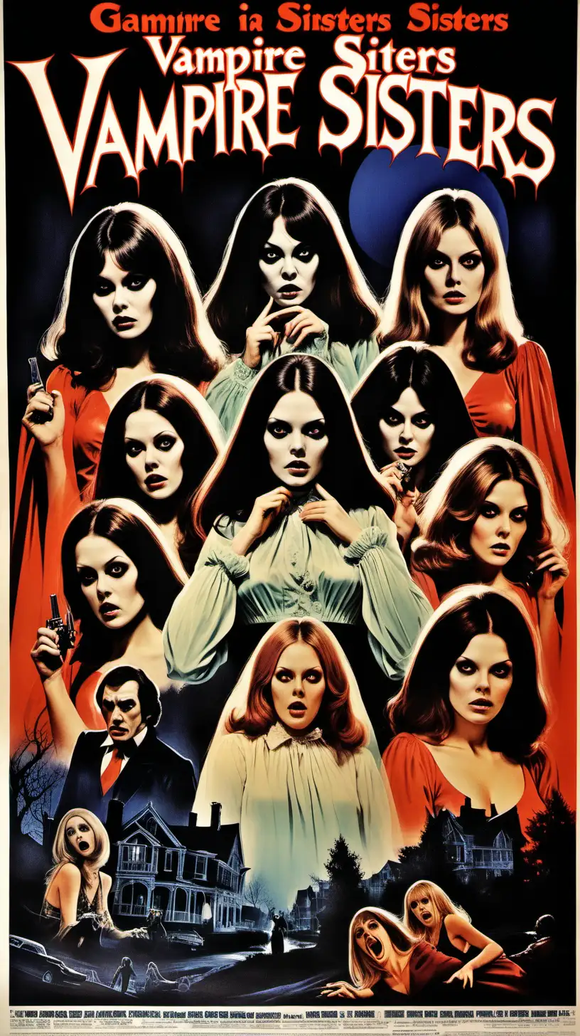 gaudy film poster combining various actions and characters in a composite design, for a 1970s horror film, title is Vampire Sisters