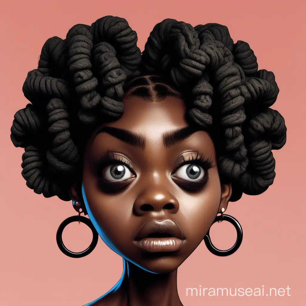 A woman with huge bug eyes with a dizzy expression on her face, she is a black woman, with Bantu knot hairstyle