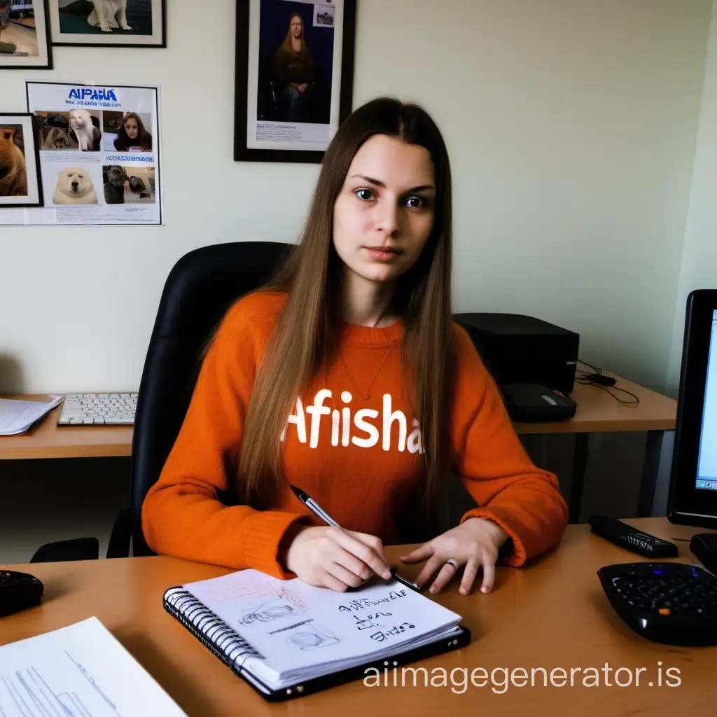  I am a 25-year-old Slavic woman with long hair. I'm wearing jeans, an orange sweater with the word "AFISHA" written on it, and "Crocs" slippers on my feet. I work in an office. There are five tables in the office, each piled with documents, coffee cups, several cell phones, and hand cream. I'm talking on a mobile phone and writing in a notebook. There are framed photographs of my beloved cat and ten dogs on my desk. Behind me on the wall is a poster of an elephant and a capybara. I have a photo of the Backstreet Boys on my laptop.