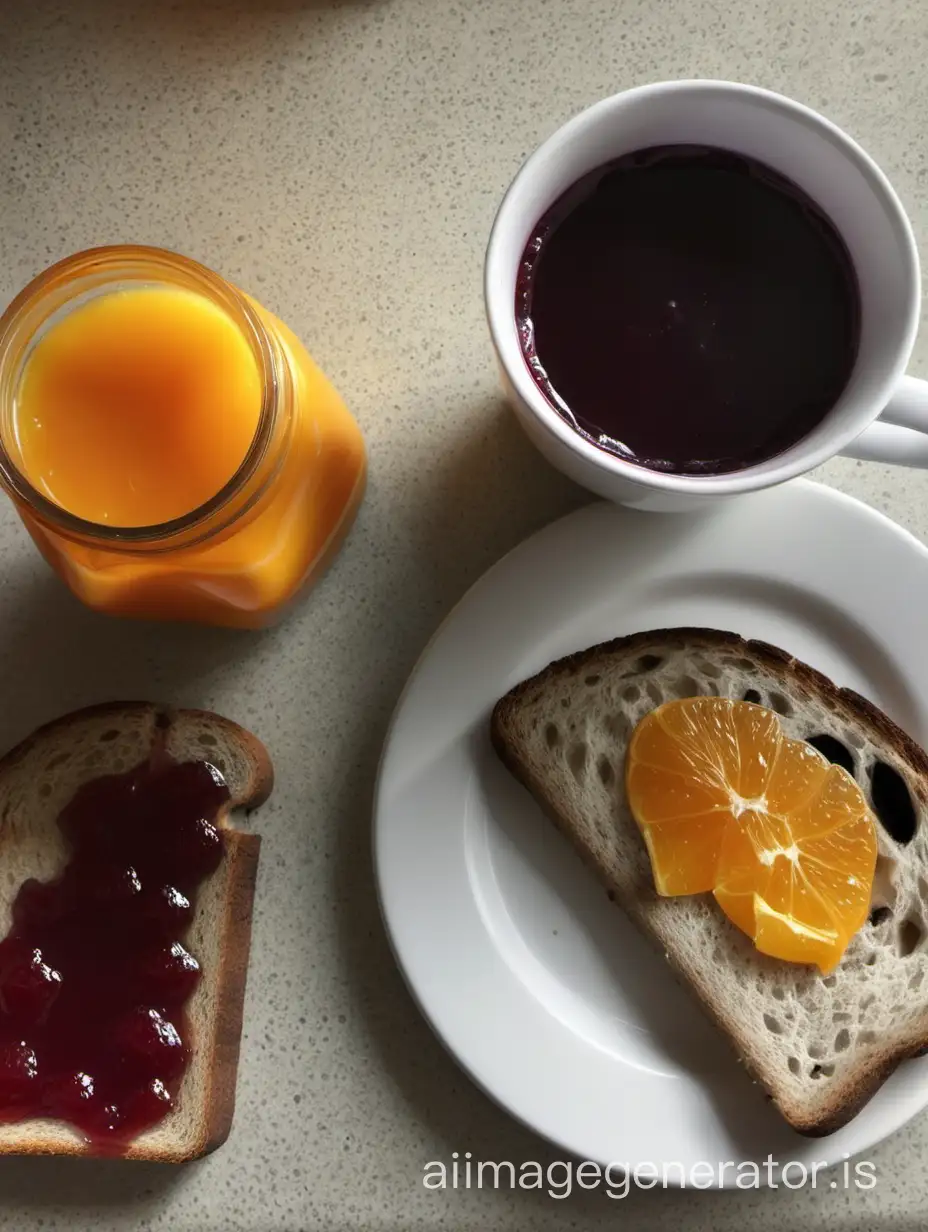 My Italian breakfast: coffee, orange juice, roasted bread, and jam.