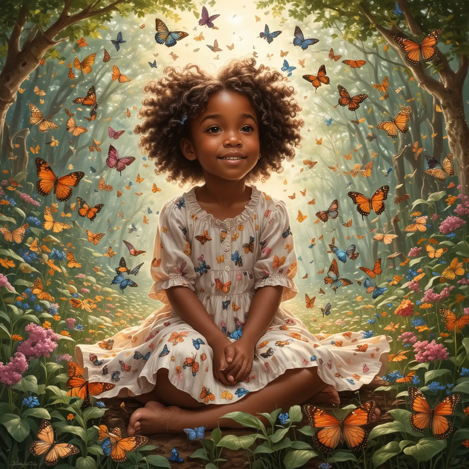 Two worlds for one has a world wind around it, and the other one has butterflies around it. World with butterflies has a African-American 10 year-old, beautiful little girl sitting on it softly playing with the butterflies.