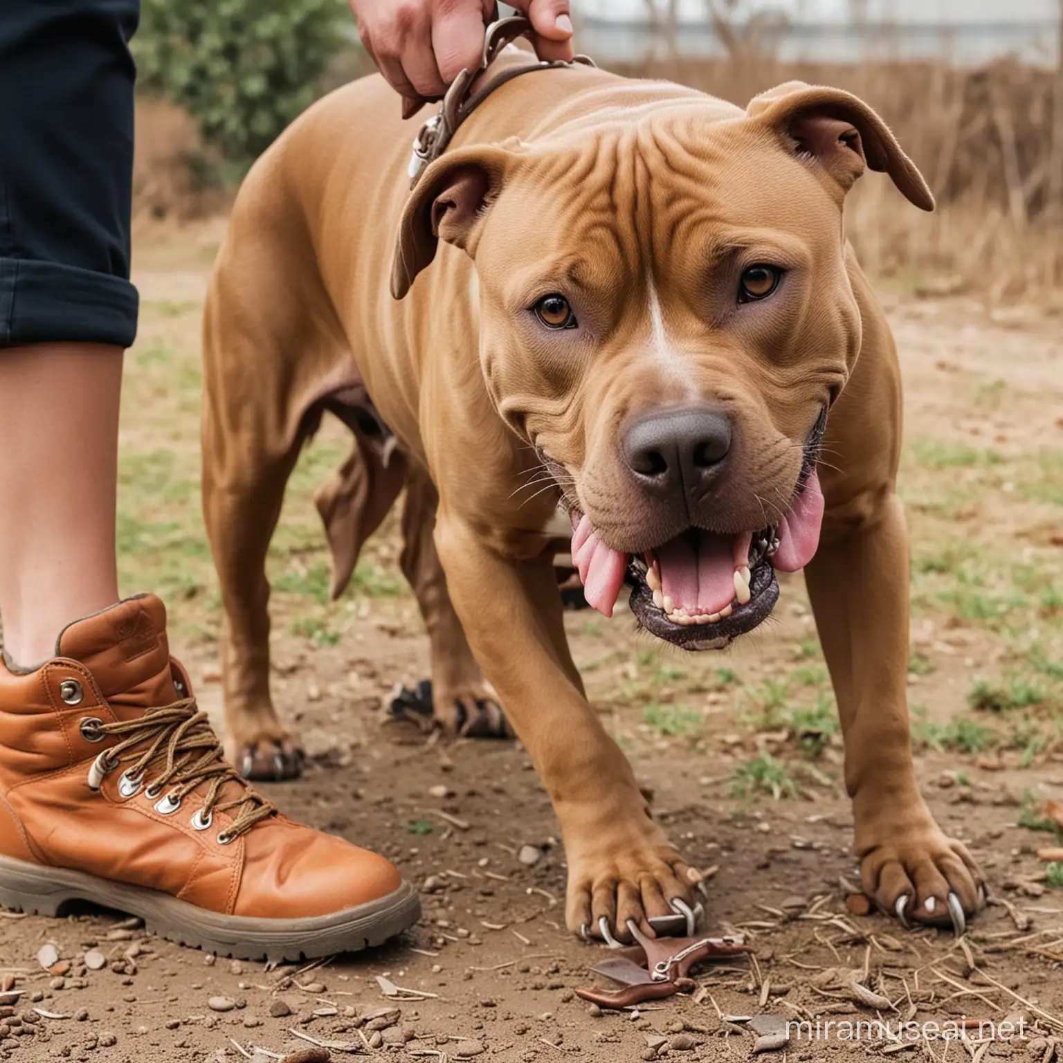 image of a pitbull with the owner's shoe in its mouth gripped hard by the teeth while the owner is trying to pull it out 