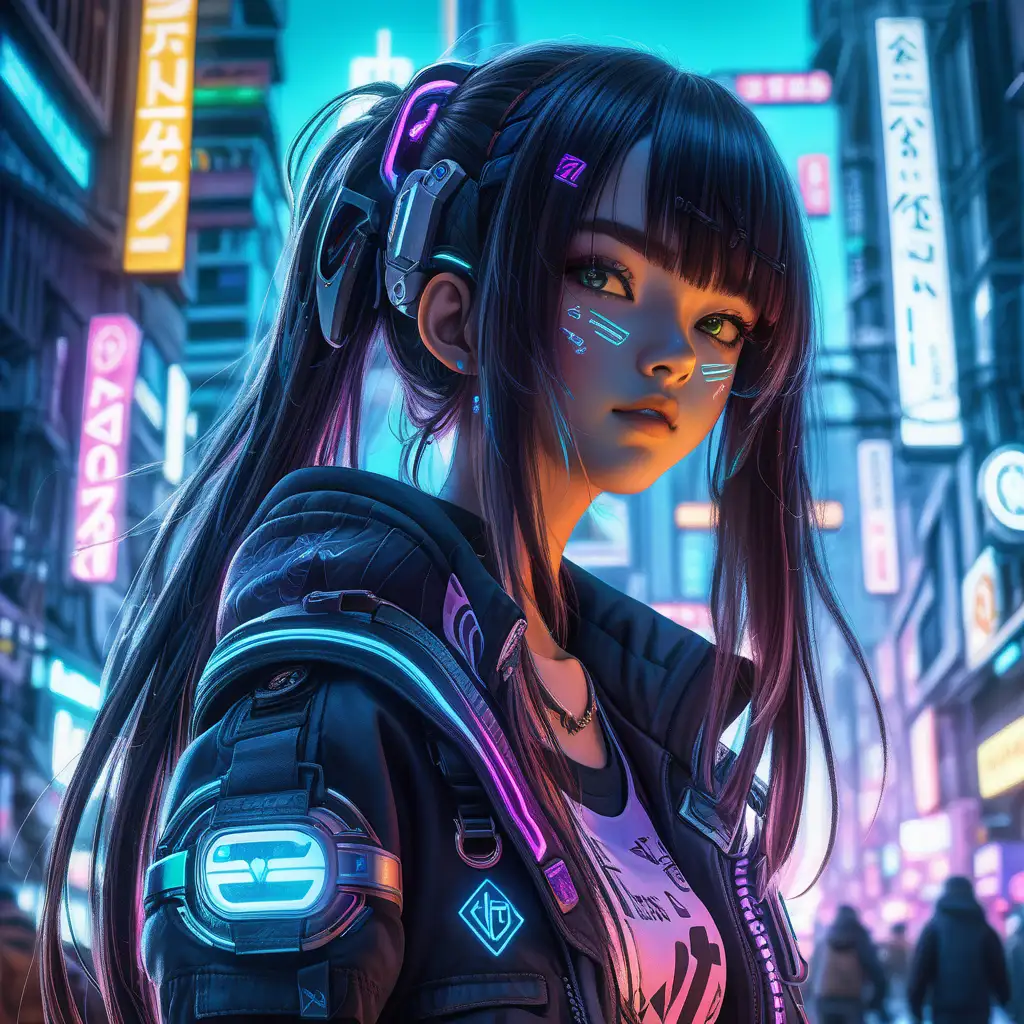 Futuristic Cyberpunk Anime Girl in NeonLit Metropolis