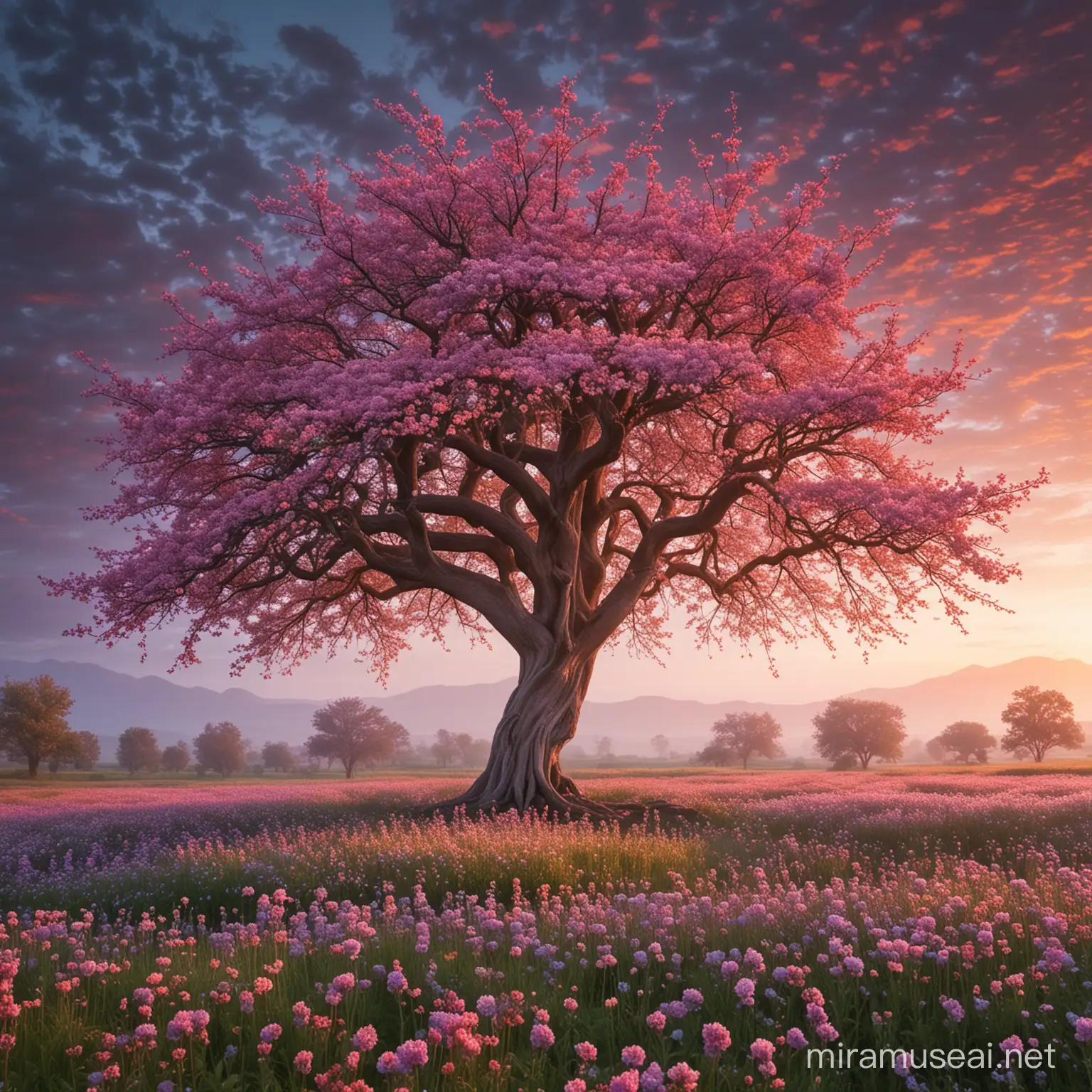 An ethereal tree surrounded by a field of glowing flowers 