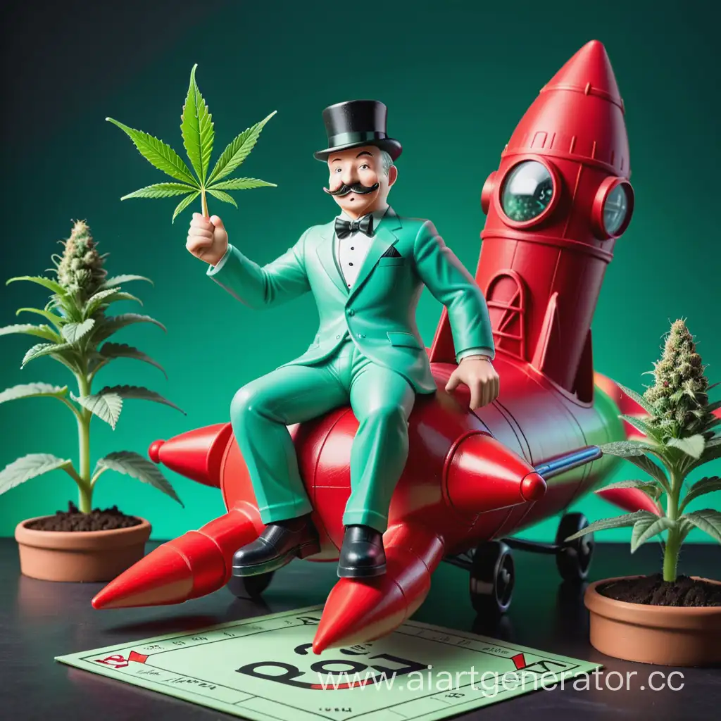 монополи человек сидит на зелено-красной ракете и в руке у него кусты марихуанны