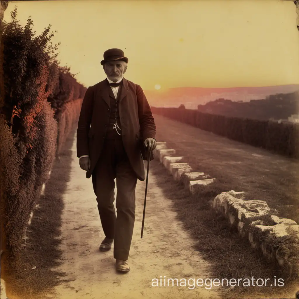 A 50-year-old man walks in the sunset in the south of France in the 19th century.