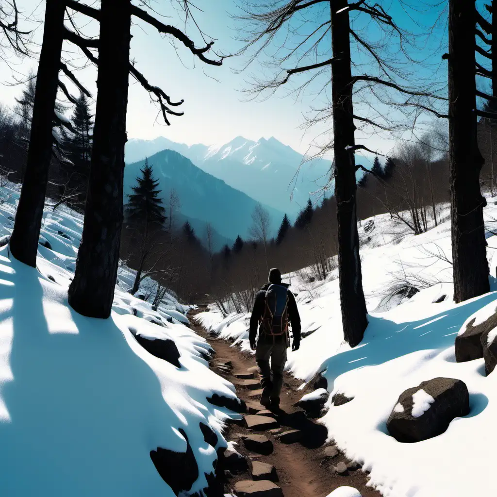 A scenic snowy mountain trail surrounded by trees and rocks. Silhouette of a bald guy with cap and backpack in adventure clothes navigates the traily surrounded by towering trees and panoramic views