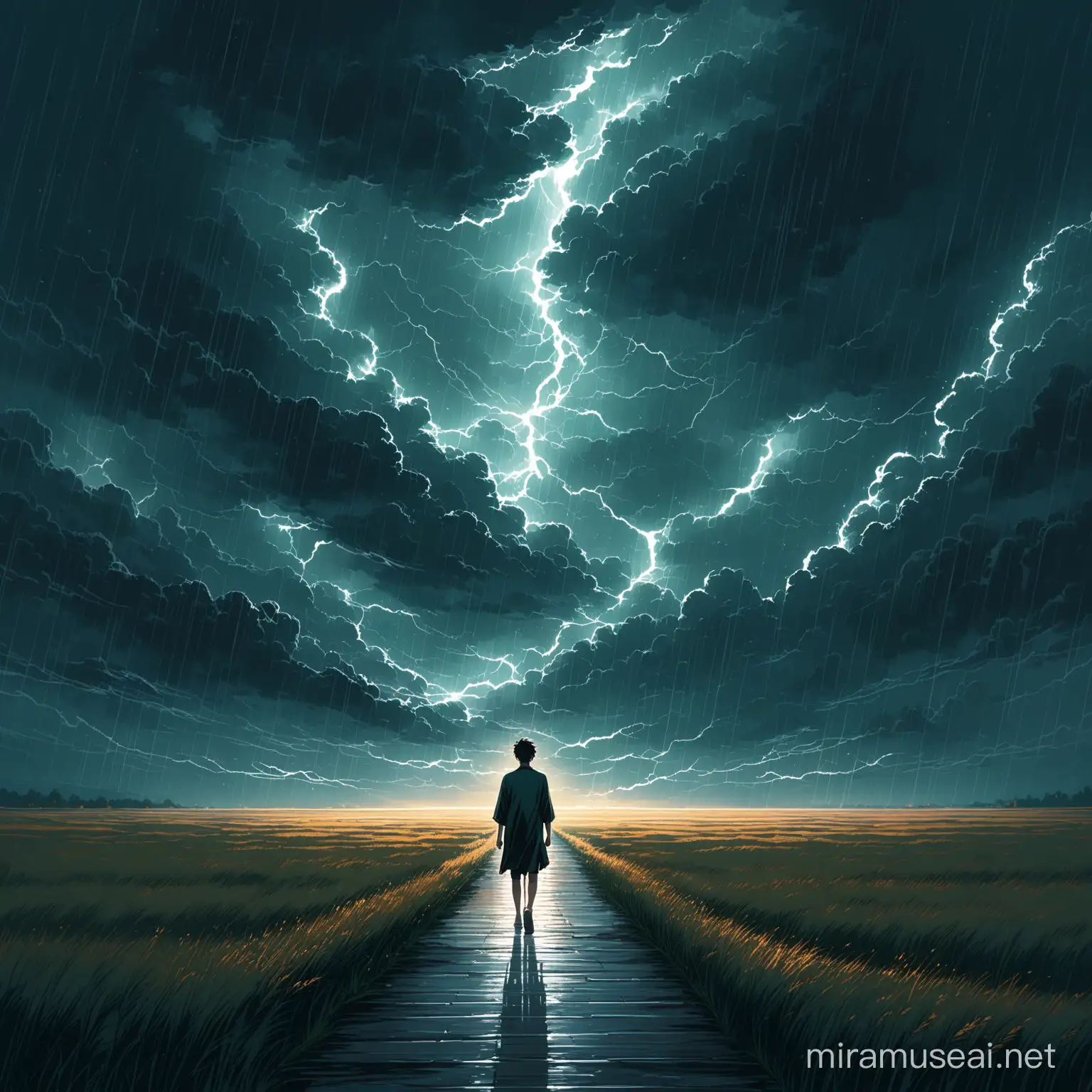 Young Man Striding Confidently in a Stormy Landscape