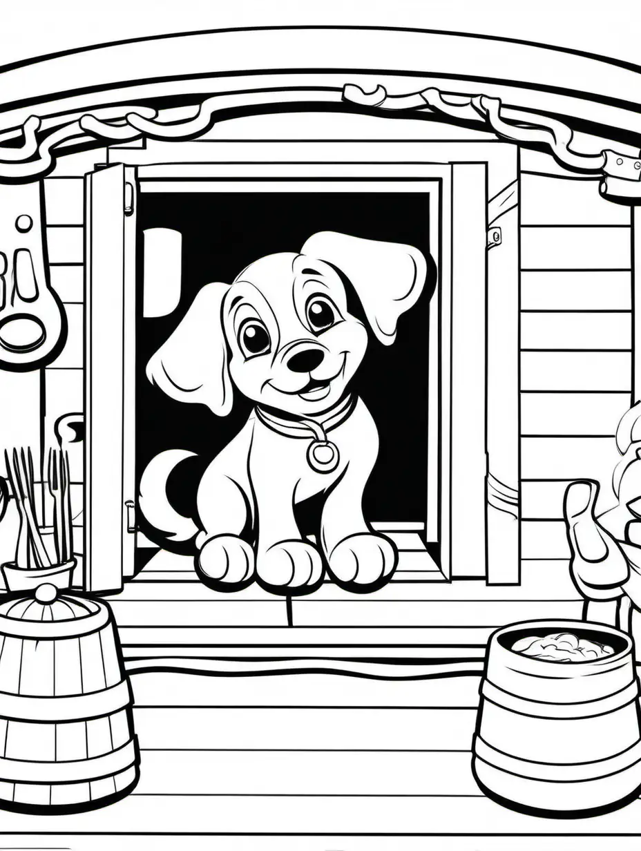 Cheerful Cartoon Puppy Chef in a Kitchen Coloring Page