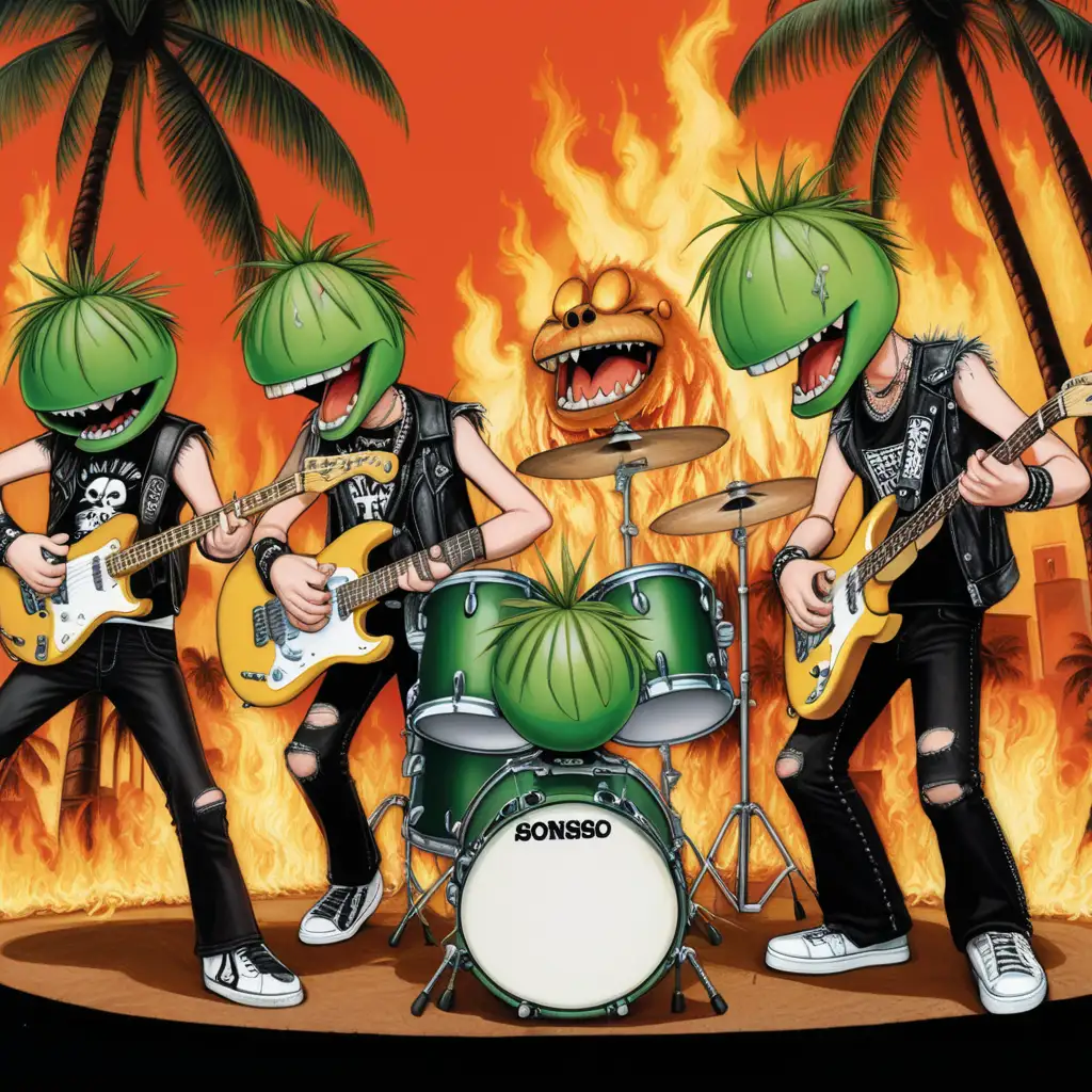 4 green coconut heads playing in a band in a stage. The drummer coconut is fat. The other tree members are two guitar players and a bass player.  The background is a city with coconut trees burning. The concert attendants are punks dancing in a mosh pit. The City is called Sonso Hell.