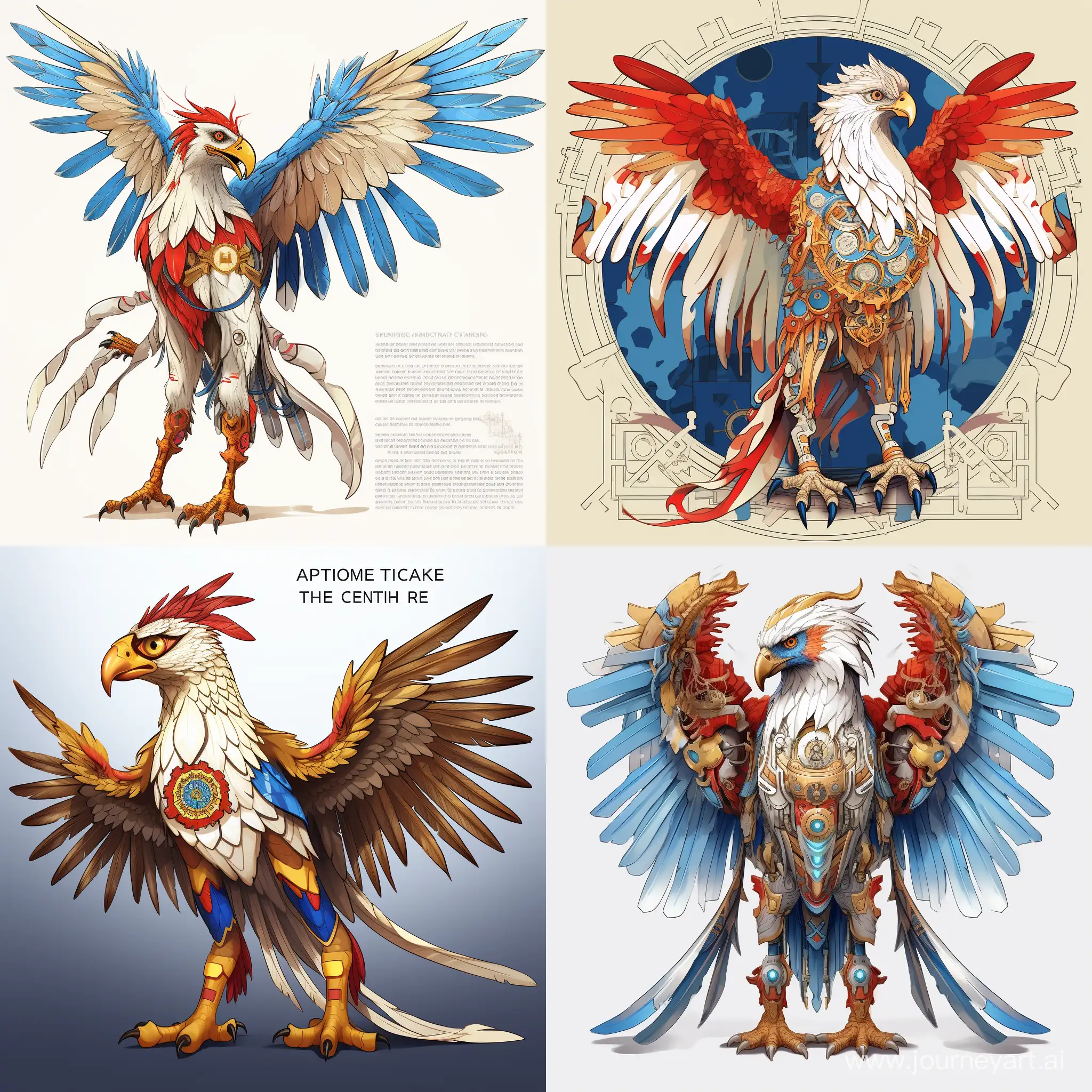 centered on the screen, Full body shot of a Philippine eagle with a clockwork body, mythical creature, clean design, red and white and yellow and blue as main color, in cartoon style