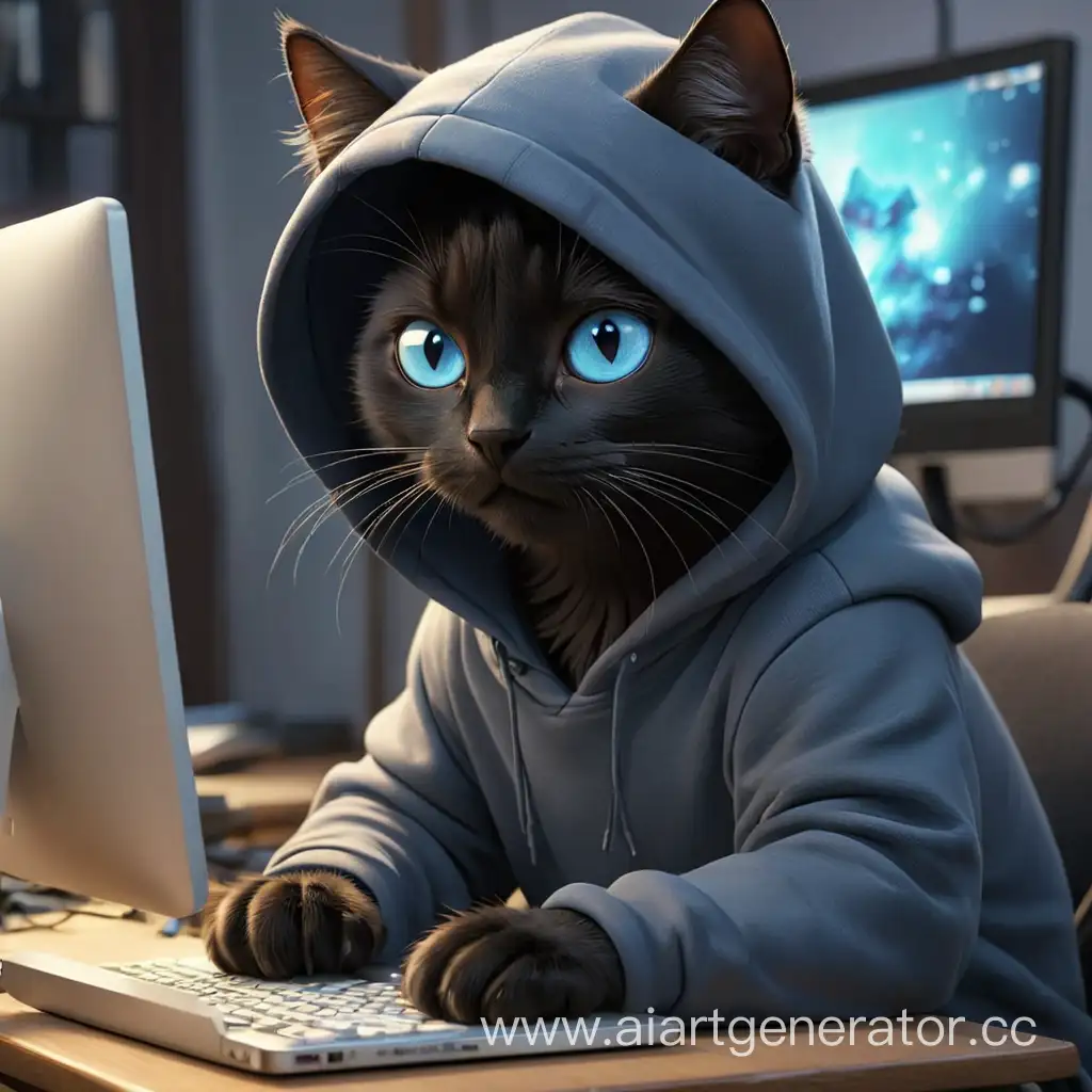 Черный кот с голубыми глазами одетый в худи играющий в компьютер