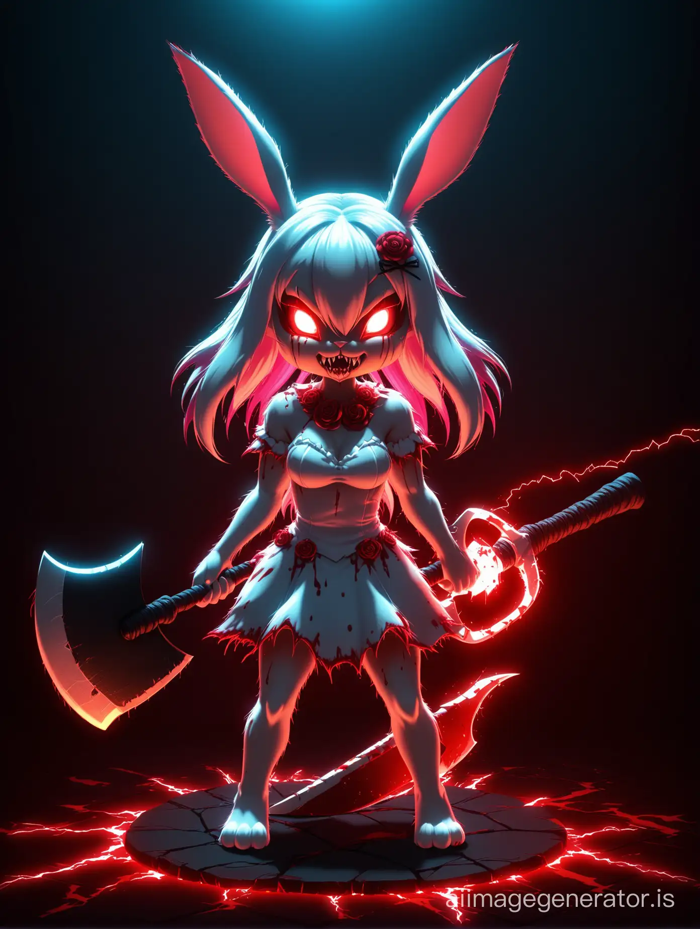Rabid demonic rabbit girl, in costume, with big ears, dark colors, axe in paw, tail, bloody flower hairpin, glowing white eyes, 3D, rendering, HD, proportionality, vector, fantasy, anime. Glowing dark background, bright flashes, lightning.