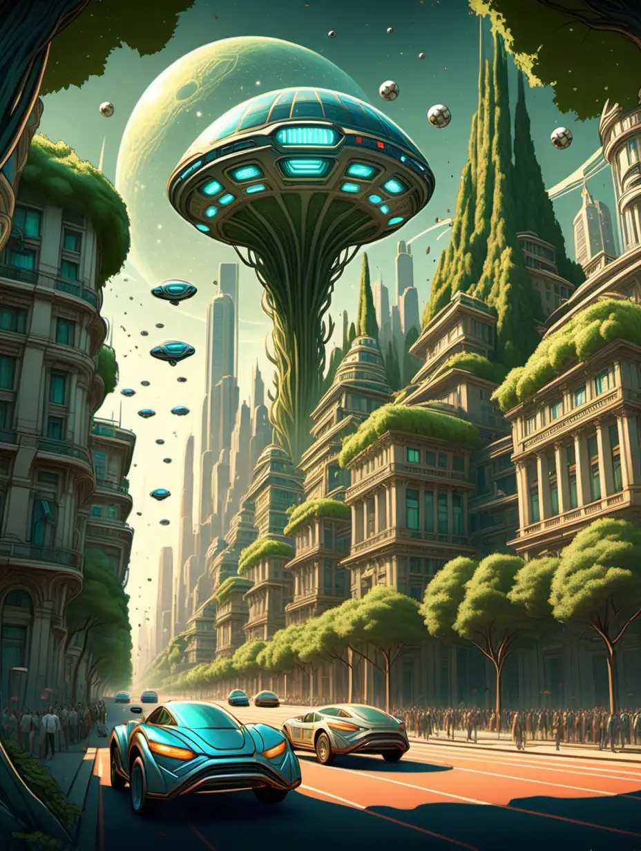 Beautiful soccer themed alien city, classical style buildings, tall trees, sunlight pouring through leaves, wide boulevards, Alien citizens in hover cars, in the style of Mucha, 