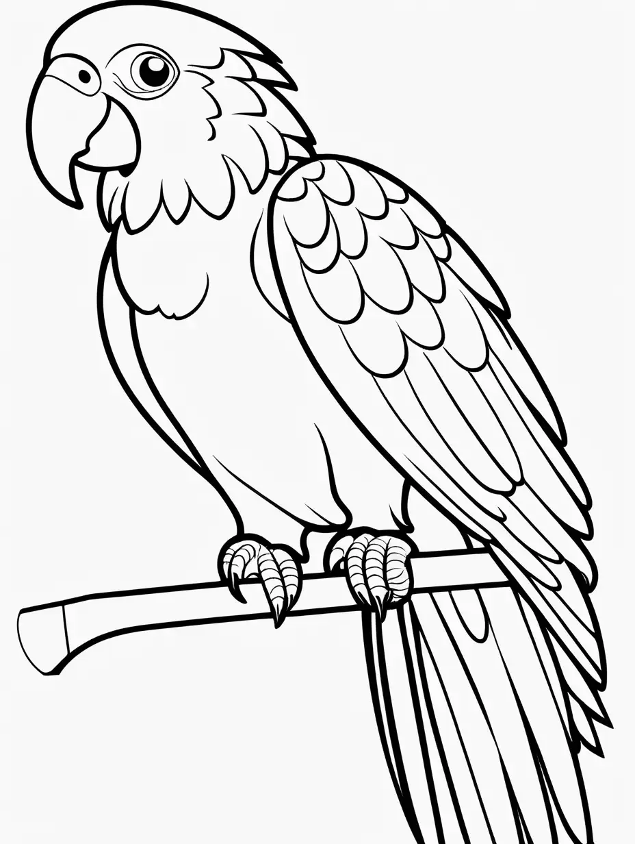 Very easy coloring page for 3 years old toddler. Parrot. Without shadows. Thick black outline, without colors and big  details. White background.
