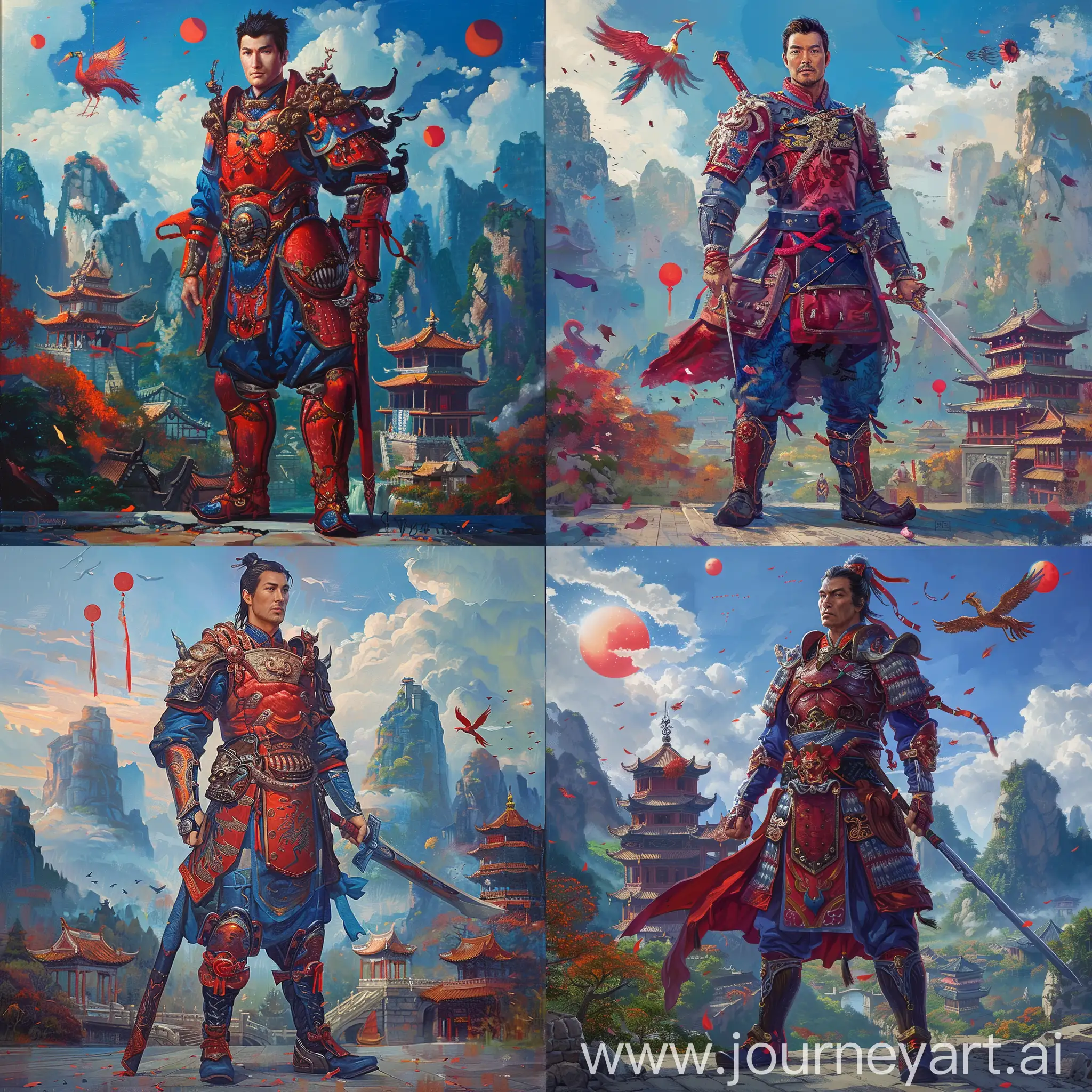 Historic painting style:

a Disney handsome Chinese General Li Shang, he wears deep red and deep blue color Chinese style medieval armor and boots, he holds a Chinese sword in right hand, 

Chinese Guilin mountains and temple as background, small phoenix and three small red suns in blue sky.