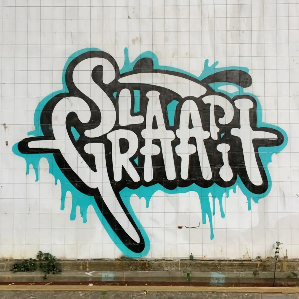 logo, a graffiti spray painted wall in the city, with the text "Slap Graffiti ", typography