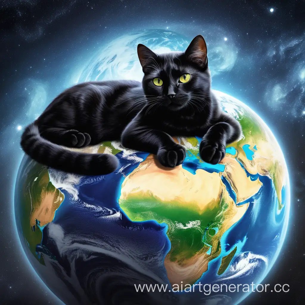 Черная кошка лежит на планете Земля