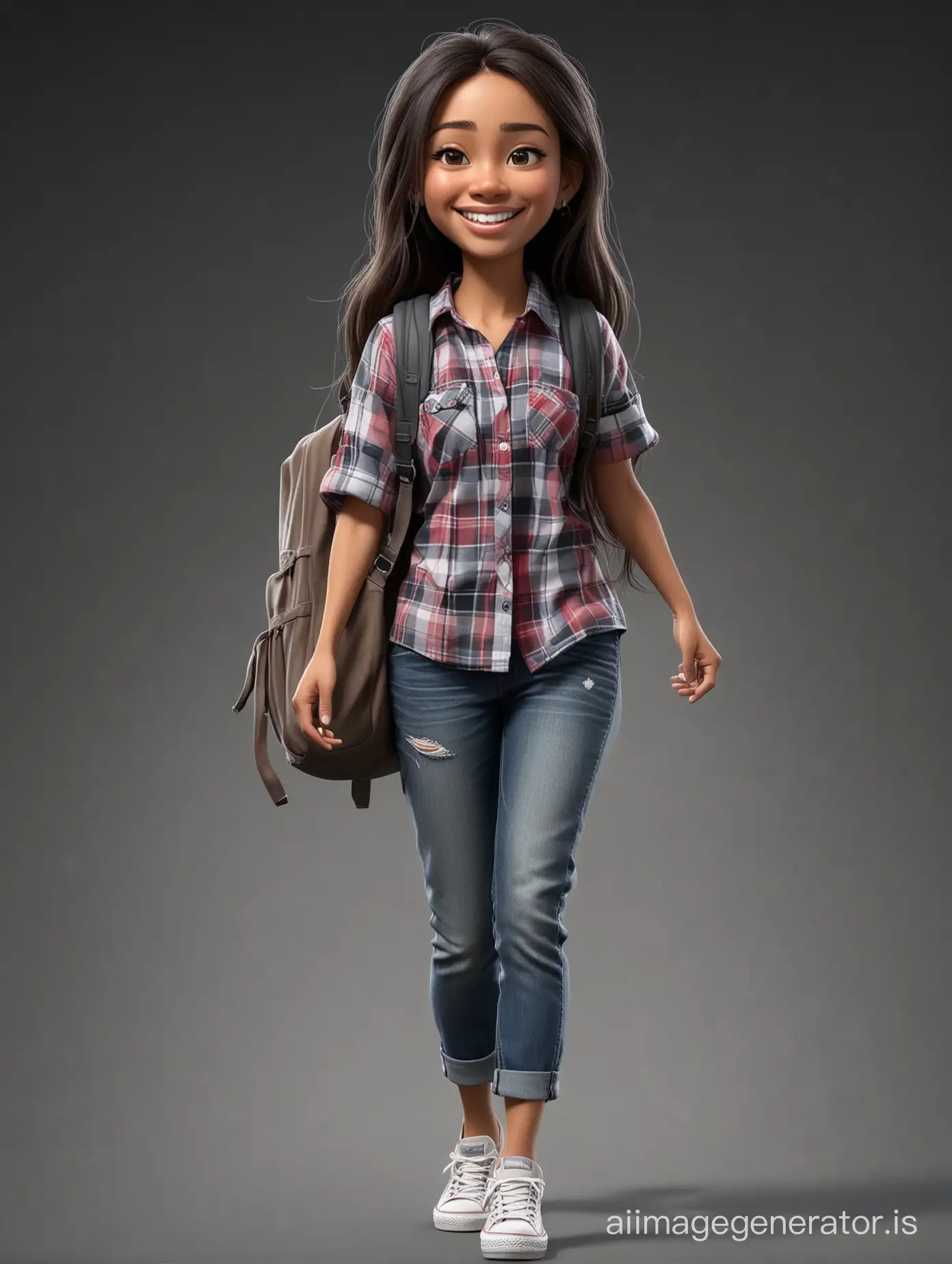 Caricature 4D Indonesian woman, 30 years old, long hair, thin face, clean face, carrying ransel,wearing an unbuttoned t-shirt and flannel shirt,converse shoe, walking in station with happy face, making the hello gesture, black background, detailed image, detailed visuals, looks real, HD