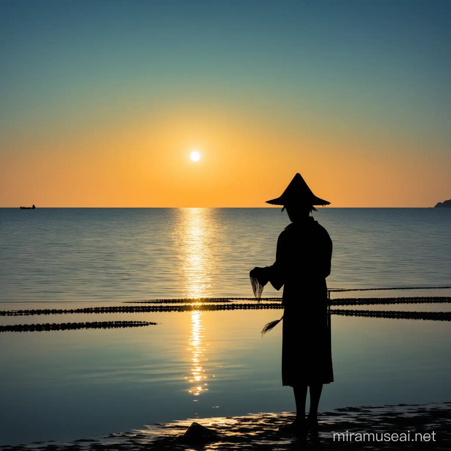 Silhouette of Fisherman with Conical Hat by the Sea in PE Film Food Packaging Seaweed Aquaculture Scene