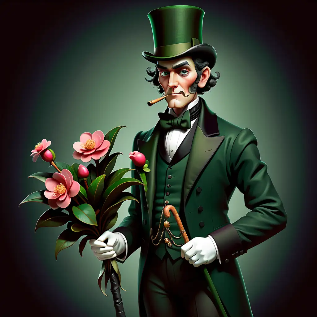 Elegant Gentleman Holding Camellia Bouquet in Dimly Lit Setting