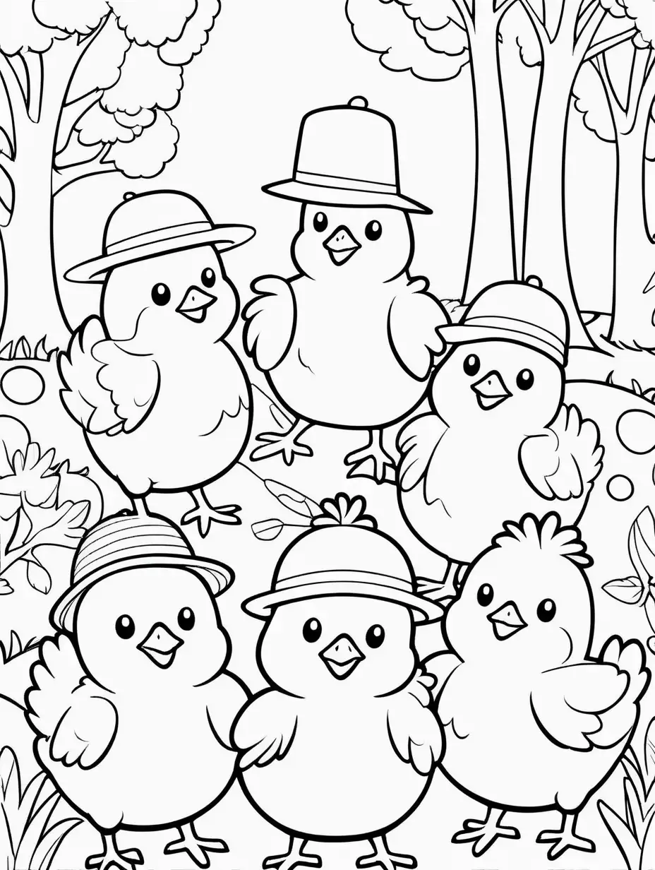 Whimsical Cartoon Coloring Page Five Little Chickens in Hats