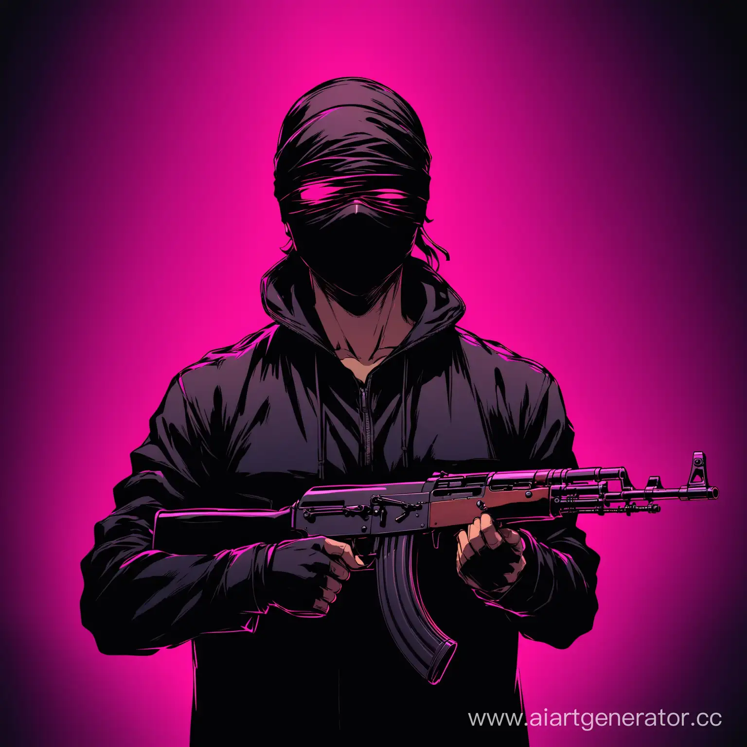 Мужчина с завязанными глазами,в руках АК-47 одет в черную одежду на неоновом фоне 