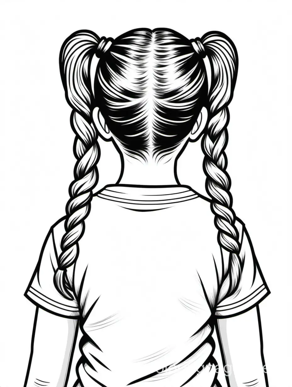 tween GIRL with  pigtails from behind, Coloring Page, black and white, line art, white background, Simplicity, Ample White Space. The background of the coloring page is plain white to make it easy for young children to color within the lines. The outlines of all the subjects are easy to distinguish, making it simple for kids to color without too much difficulty