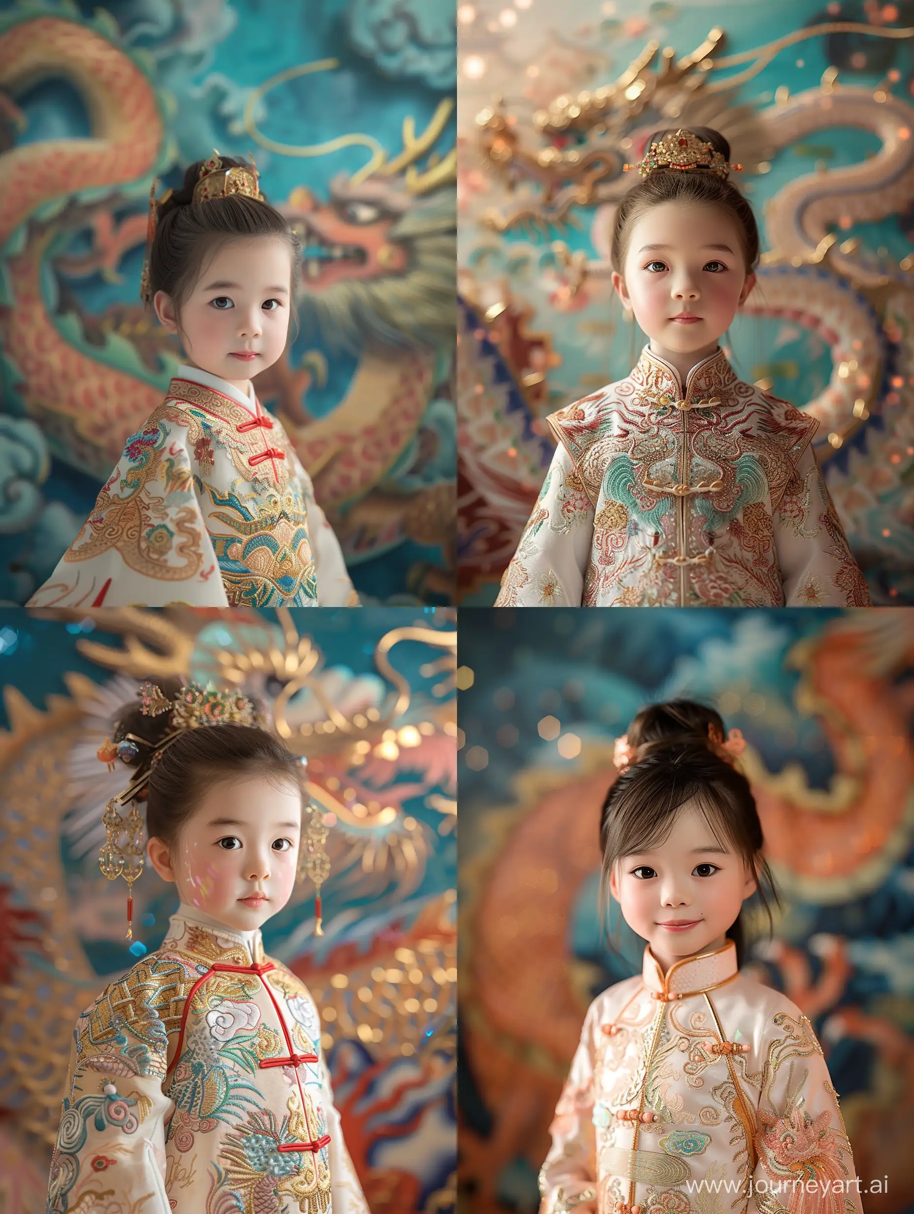 一个5岁的中国女孩，穿着传统的中国刺绣服装，服装华丽，站在中国龙壁画前，背景虚化，写真拍摄，面部特写，精致面容，半身照，青色和金色风格，光线追踪，半透明纹理，精心制作，3D，C4D渲染，16K，超高细节