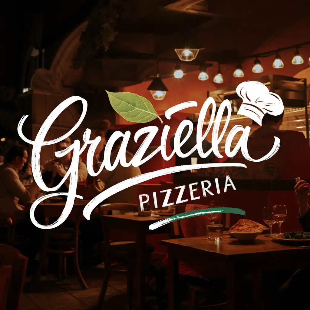 Handwriting Graziella Pizzeria logo, Italian colors, Cozy atmosphere, green leaf, Brand, elegant, Night, caption, Chef hat