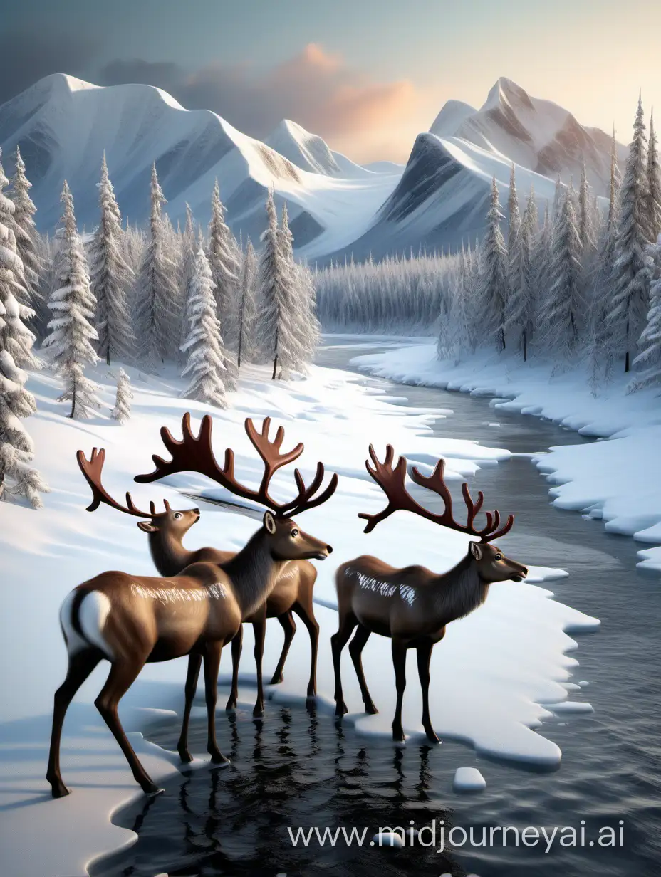Enchanting Winter Scene Reindeers and SnowCovered Mountains in Northern Canada