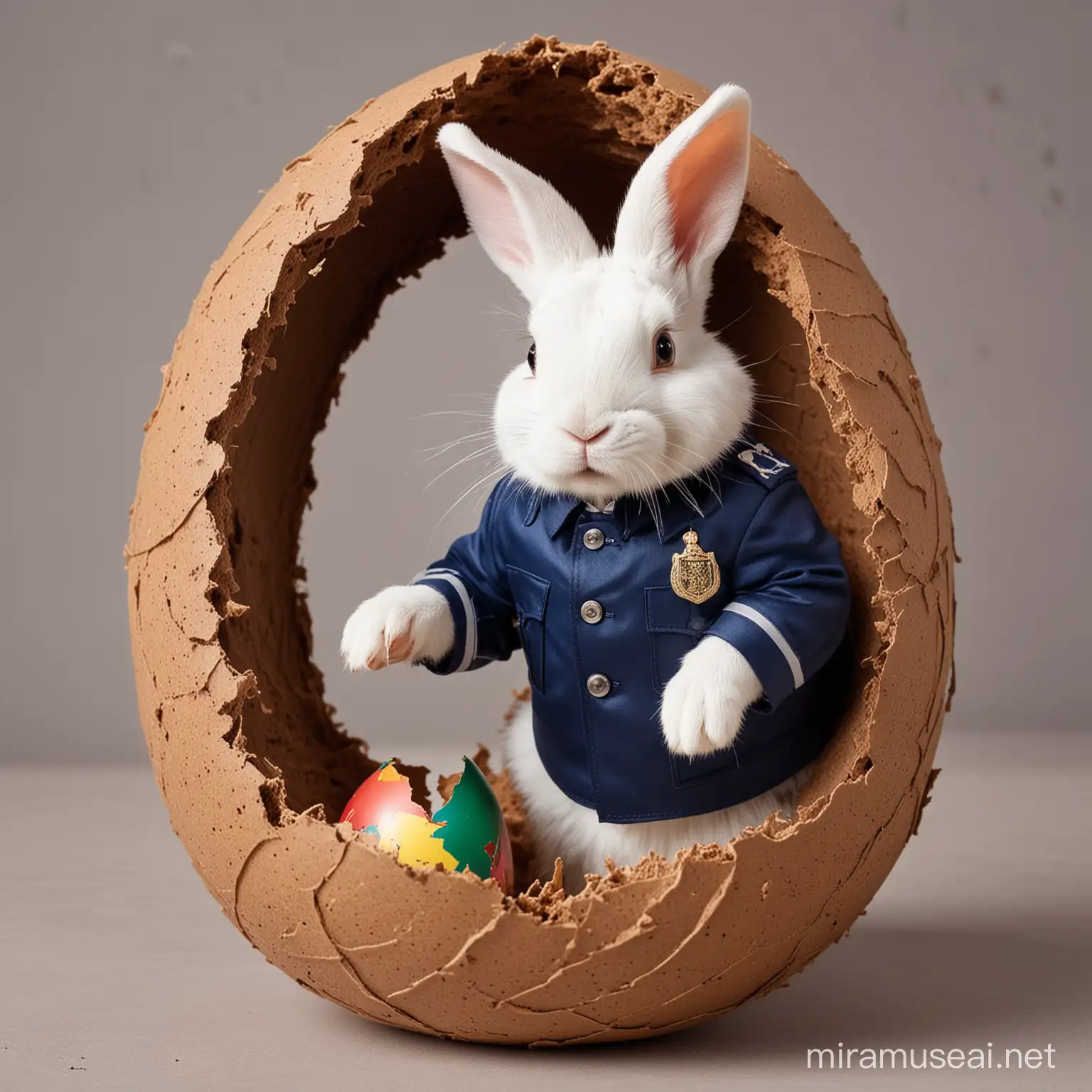 Rabbit dressed in security uniform. Breaking a hole into an easter egg