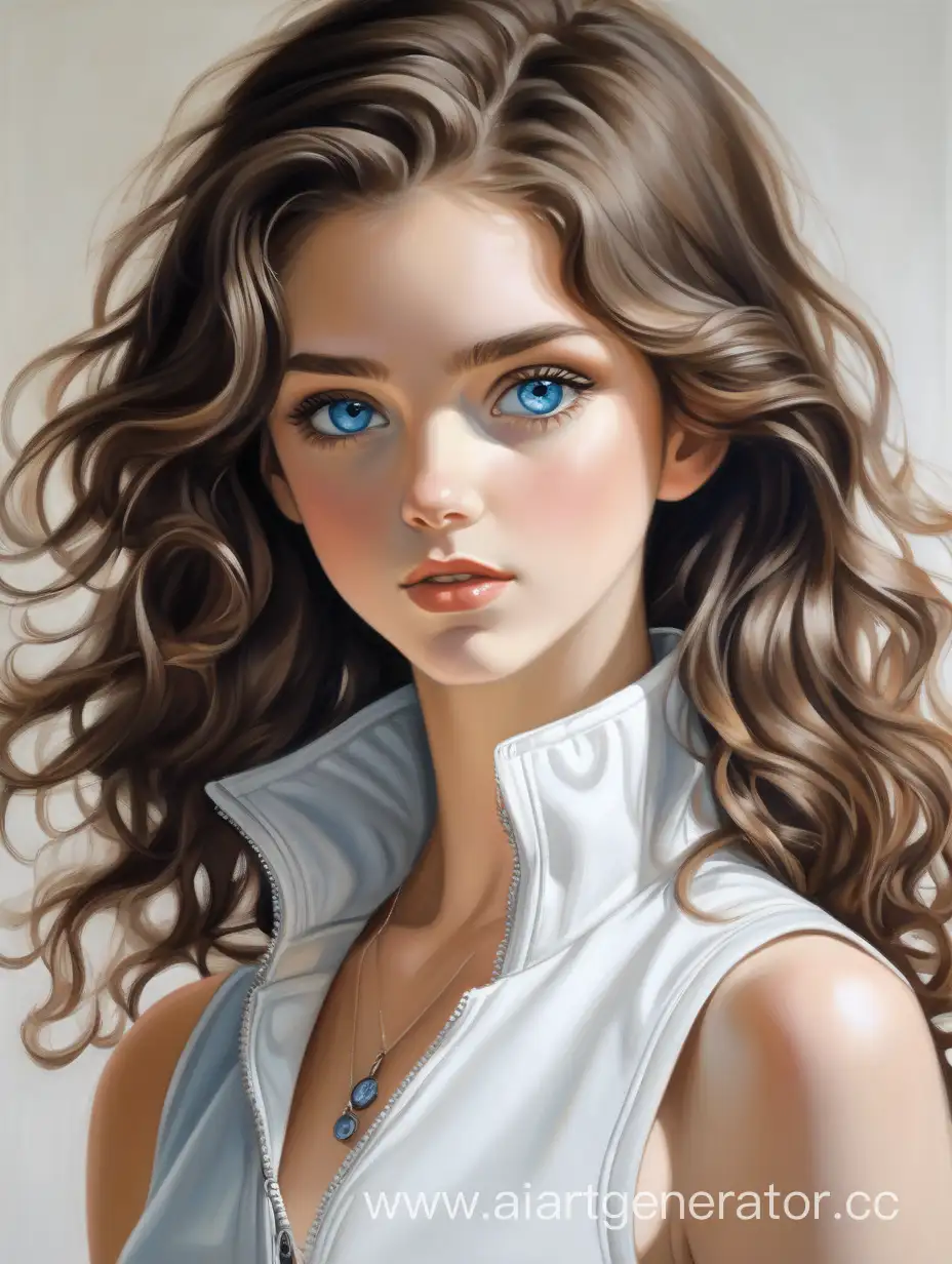 BlueEyed-Brunette-Girl-in-Elegant-White-Vest-SemiRealism-Art