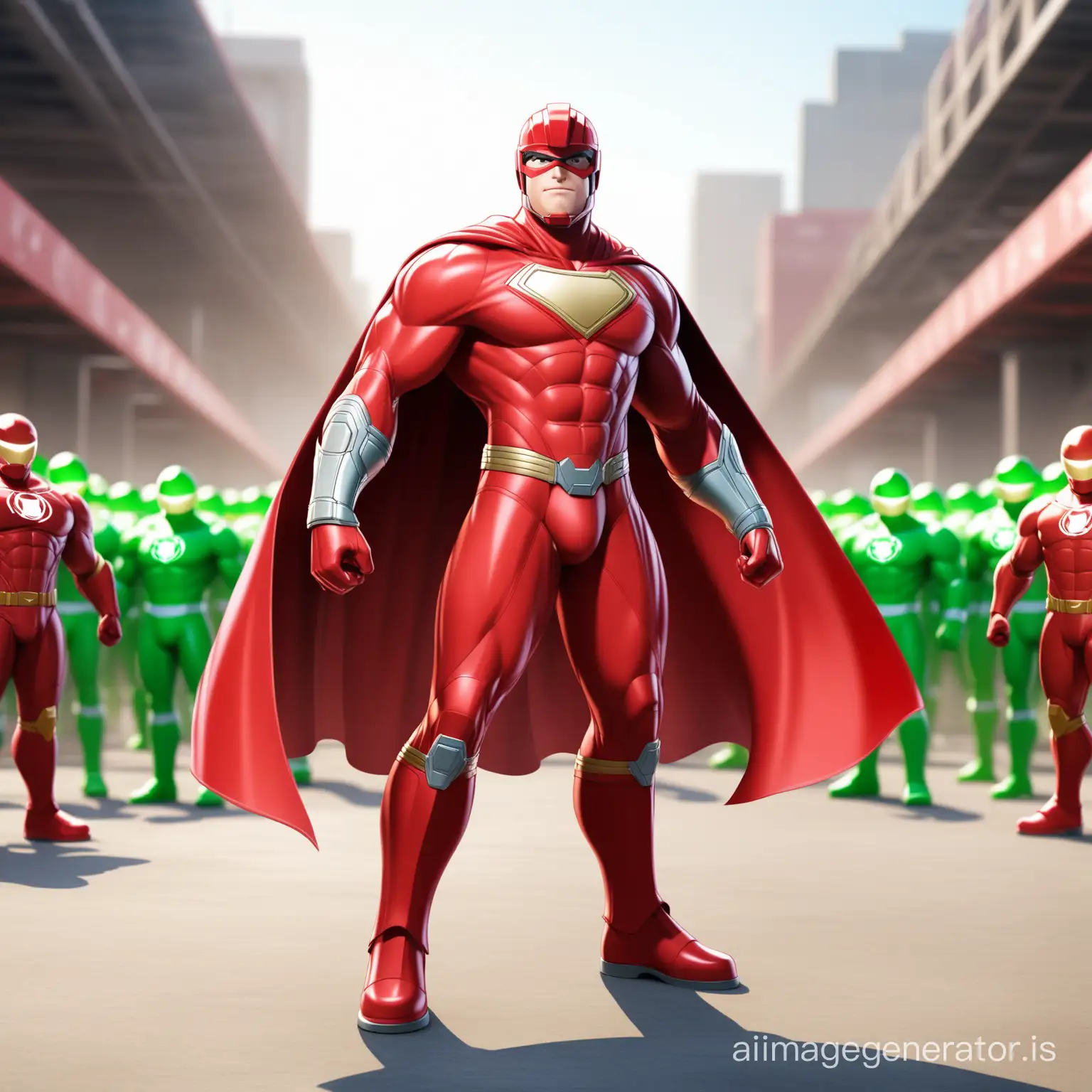 cgi character of super hero recycling warrior. Should be wearing a red cape and red helmet.  Add multiple different characters in the background