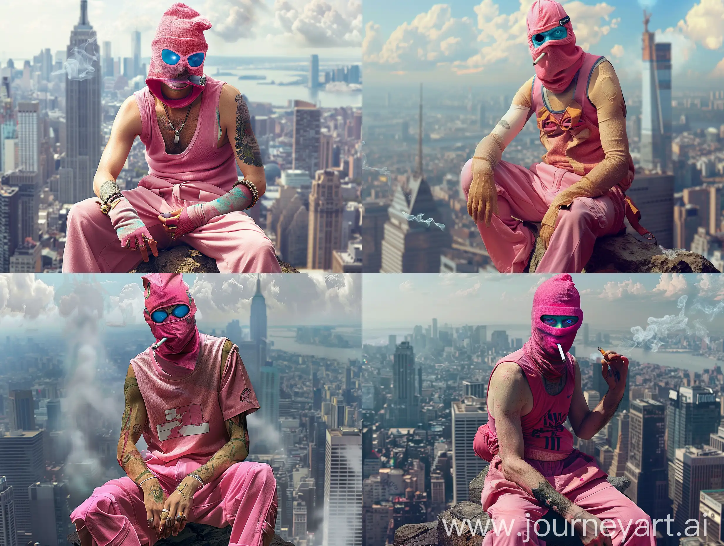 Urban-Contemplation-PinkClad-Man-on-Cliff-with-Unique-Eyes-and-Cigarette