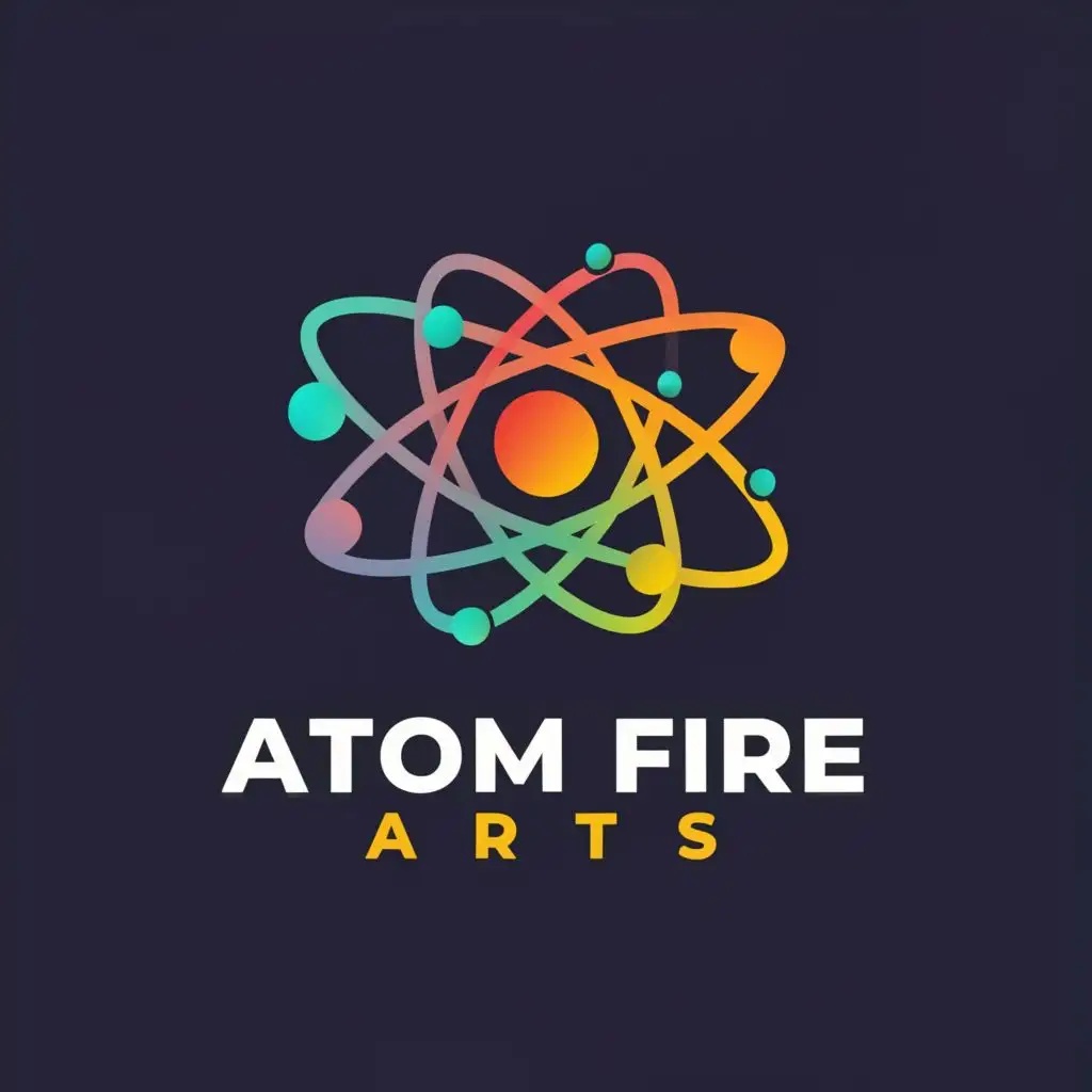 a logo design,with the text "Atom Fire Arts", main symbol:Atom, fire, brain