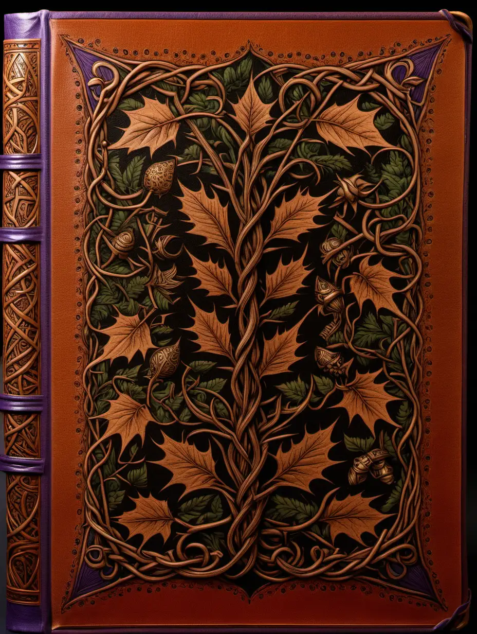 front aligned view of the narrow border of small designs on a blank book covered in leather in the theme "thorny vine"