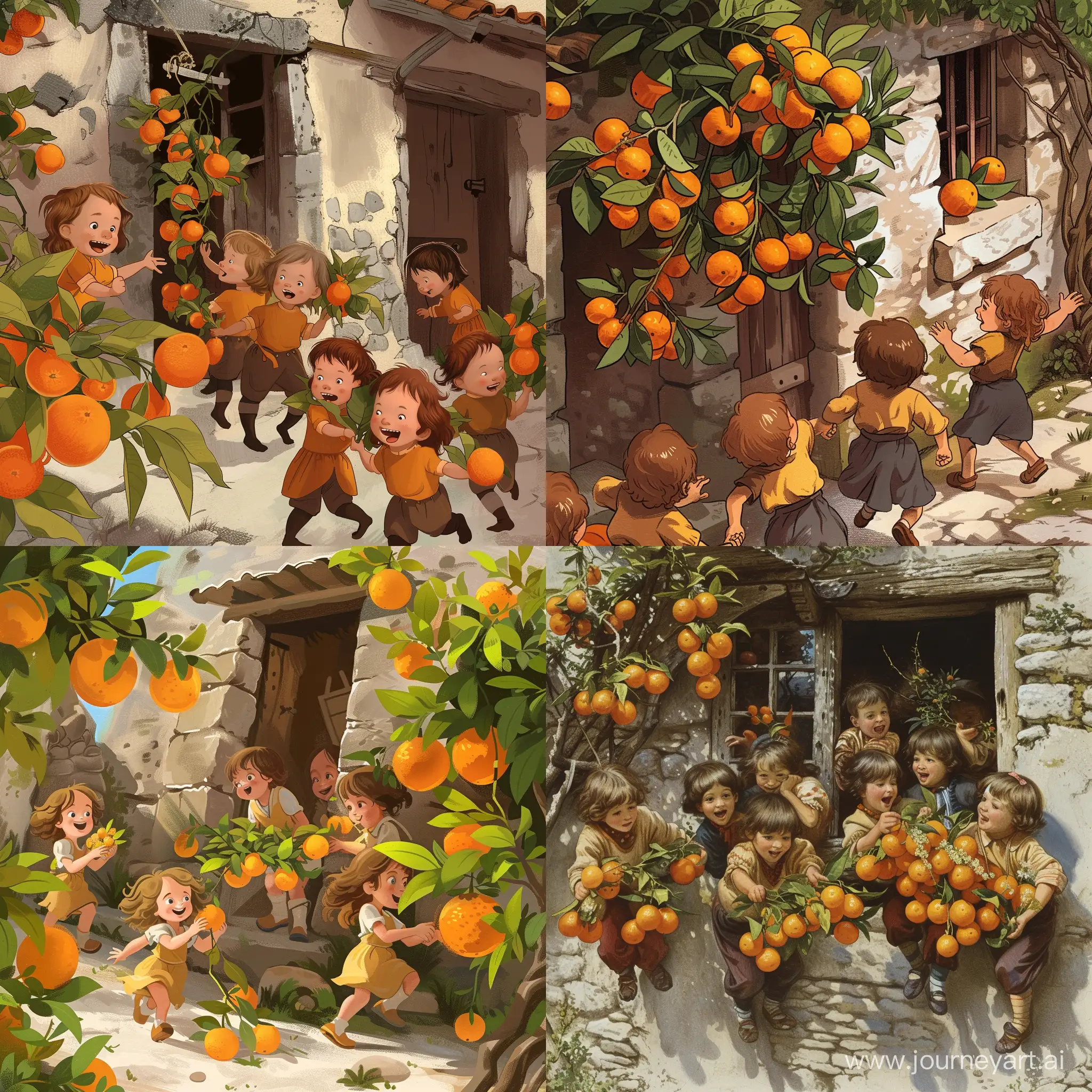 Quaint-Stone-Hovels-Joyful-Children-Offering-Flowers-and-Oranges-in-Cartoon-Style